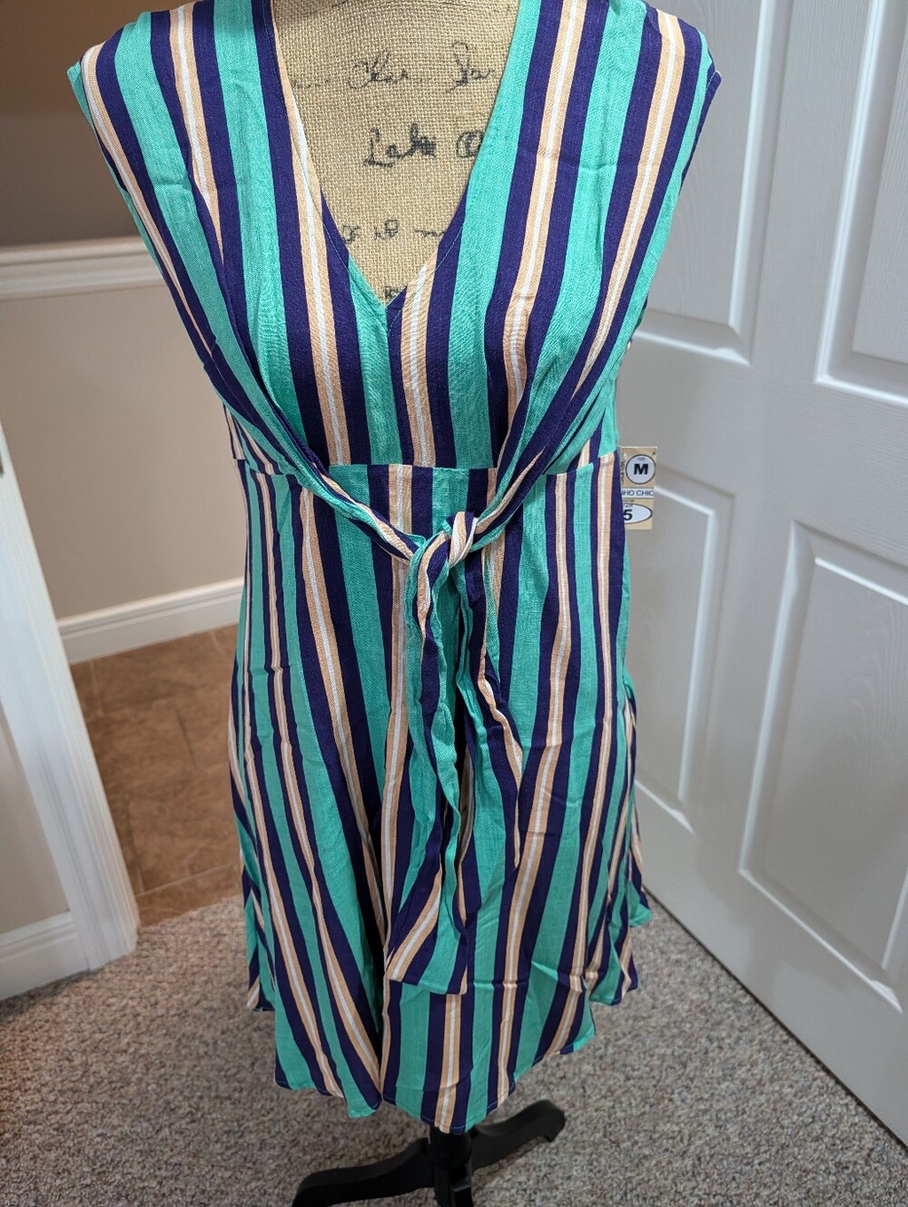 Striped V-Neck Tie-Waist Dress in Teal and Navy